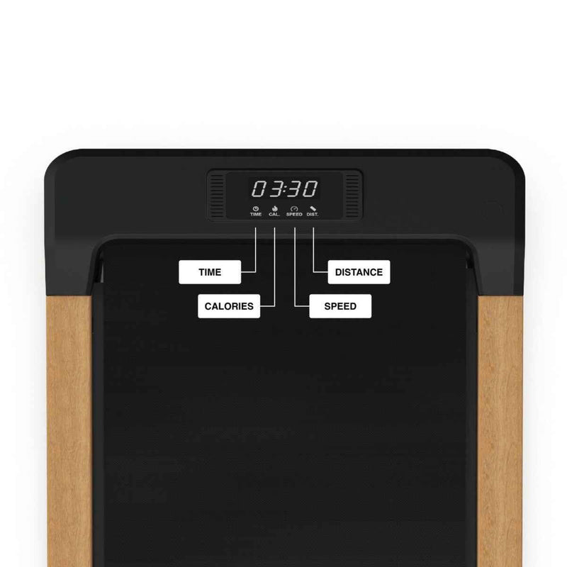 Elegantes TWHEELS Walking Pad Laufband aus Eichenholz mit schwarzer Lauffläche und digitalem Display.