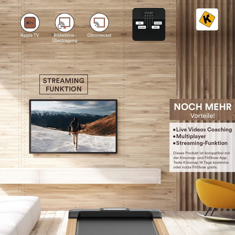 Modernes Eichenholz Walking Pad Laufband mit Streaming-Funktion, LCD-Display und TV-Kompatibilität in einem Wohnzimmer.