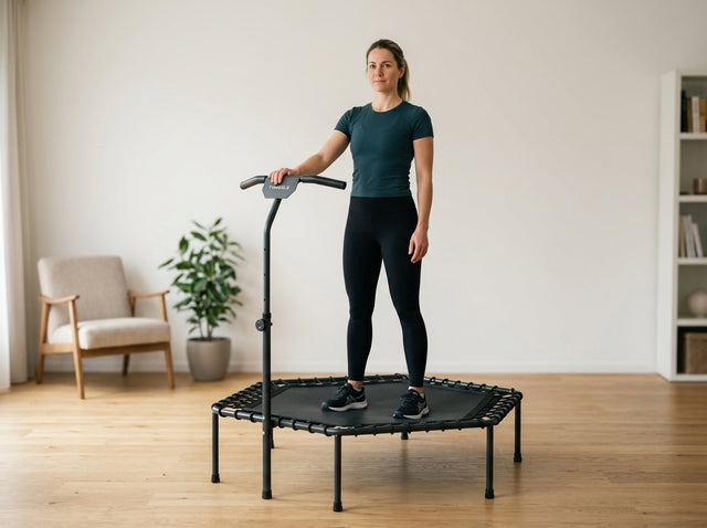 Lockeres Federn (Health Bounce) auf dem Fitness-Trampolin – höhenverstellbar mit T-Griff & Bungee-Federung