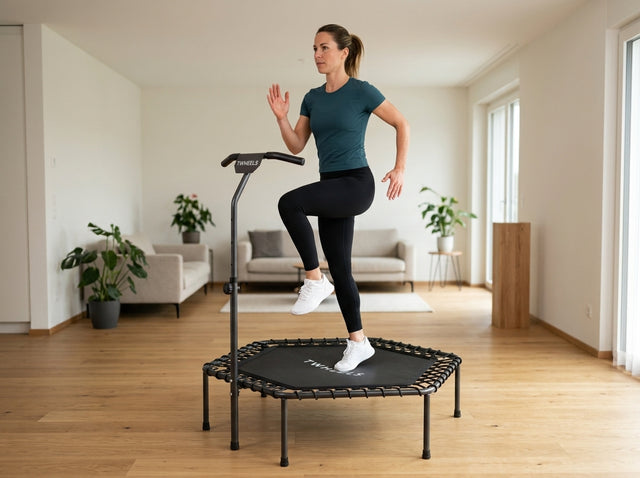 High Knees (Knieheben) auf dem Fitness-Trampolin – höhenverstellbar mit T-Griff & Bungee-Federung
