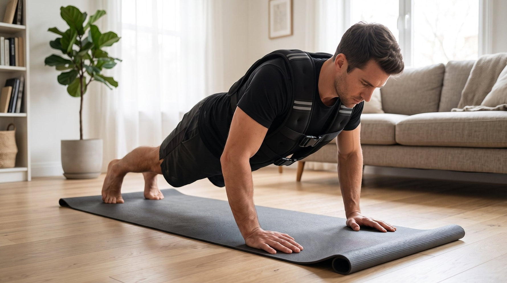 Mann trainiert mit der TWHEELS Gewichtsweste beim Liegestütz auf der Yogamatte