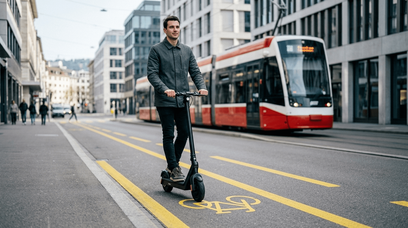 TWHEELS E-Scooter auf Schweizer Velostreifen mit gelber Markierung, Tram im Hintergrund
