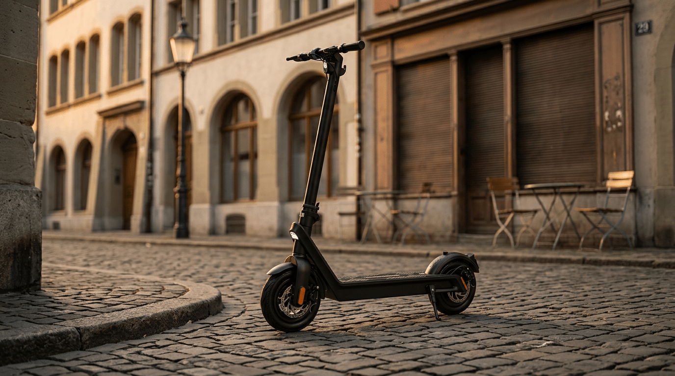 TWHEELS E-Scooter Pro in Schwarz Matt bei Abendlicht in einer Schweizer Altstadtgasse