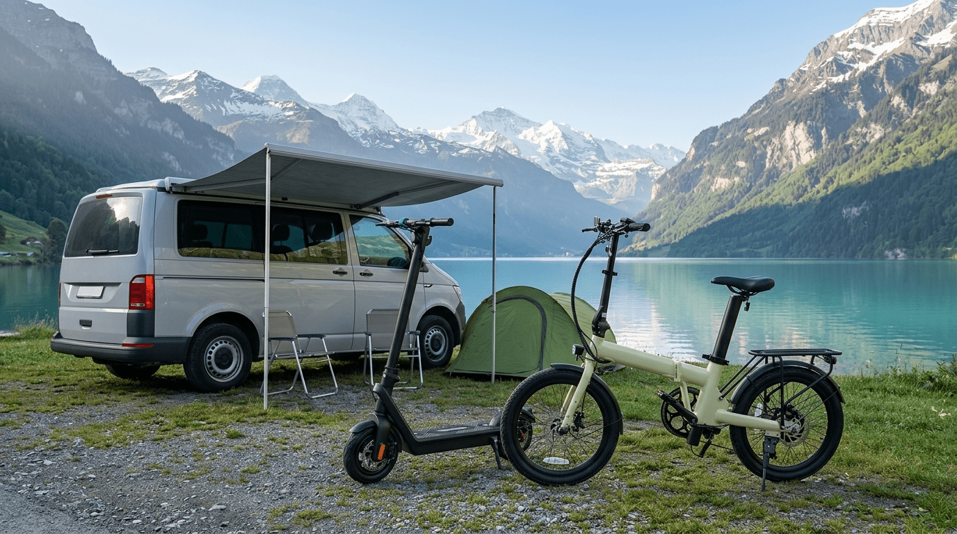 TWHEELS E-Scooter Pro und E-Bike City Faltrad nebeneinander am Schweizer Bergsee beim Camping