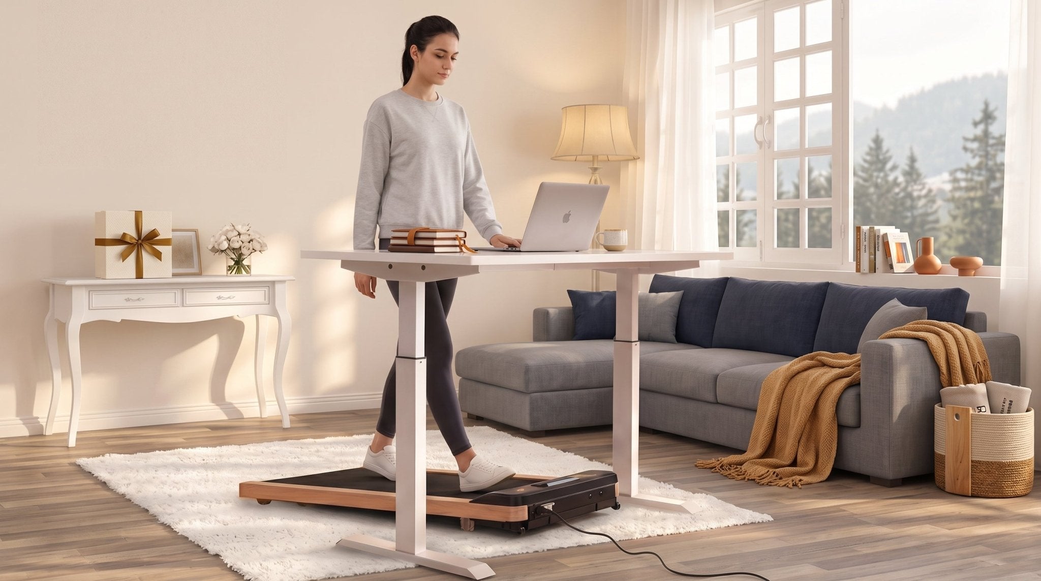 TWHEELS Walking Pad aus Eichenholz unter dem Stehtisch als Geschenkidee