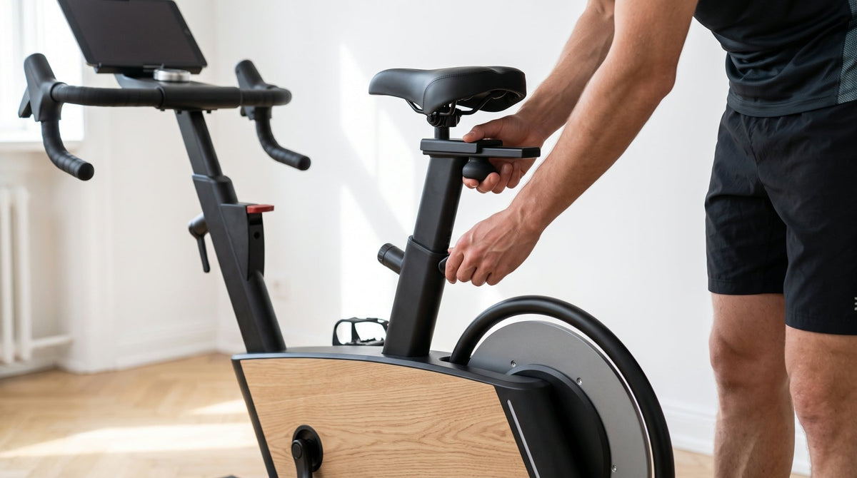 Hände lösen den Schnellspanner der Sattelstütze, um das Indoor Bike aus Eichenholz einzustellen, helles Zimmer