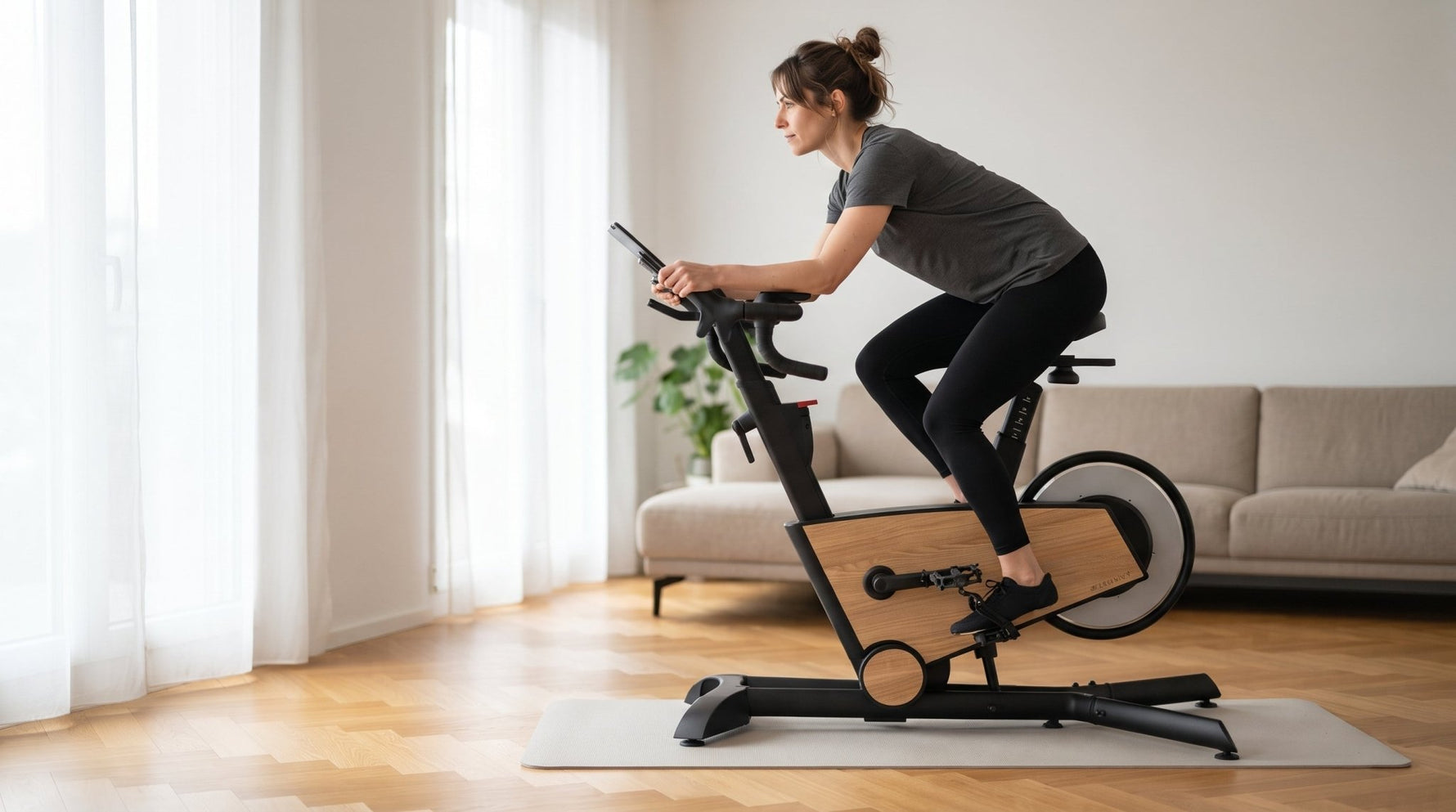 Frau trainiert auf dem TWHEELS Indoor Bike aus Eichenholz im hellen Wohnzimmer, Vergleich zu Spinning Bike und Ergometer