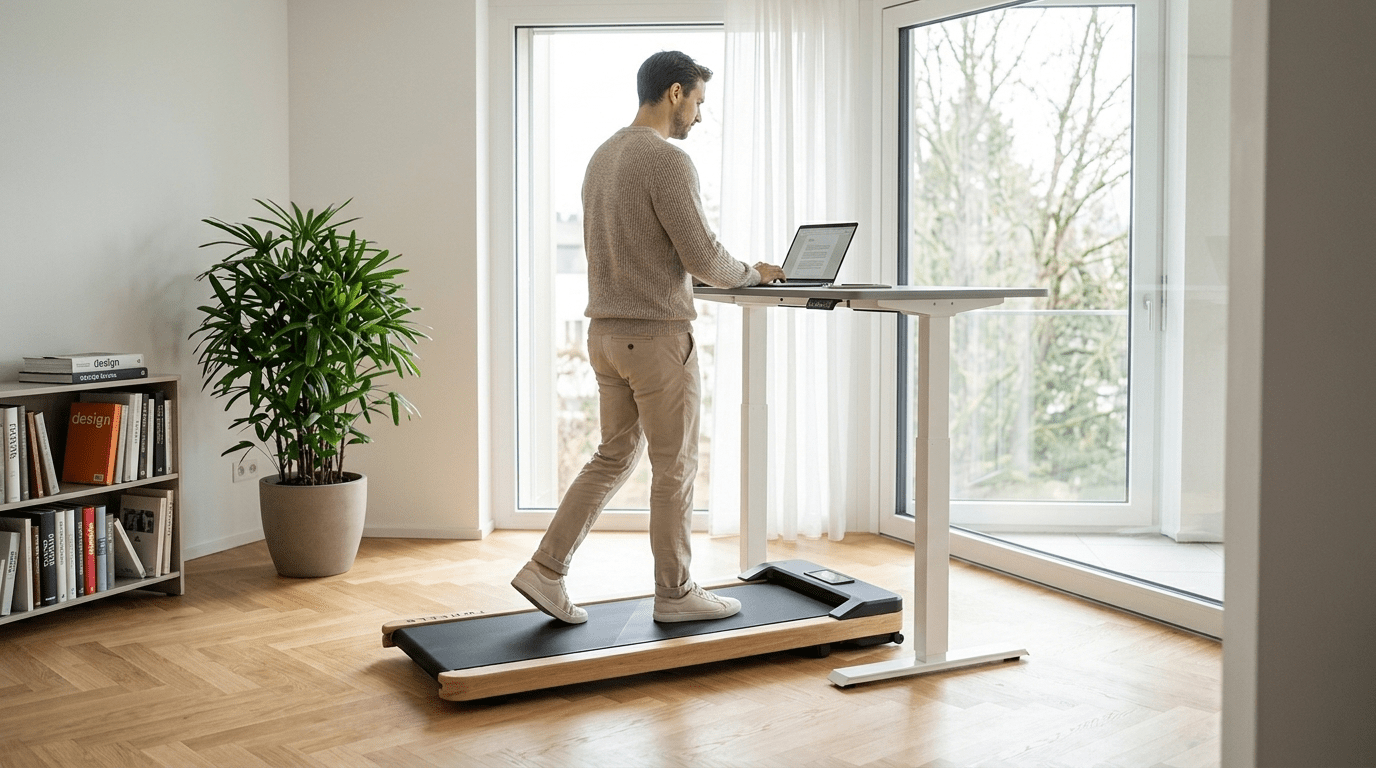 Mann geht auf dem TWHEELS Walking Pad aus Eichenholz am Stehtisch im Home-Office