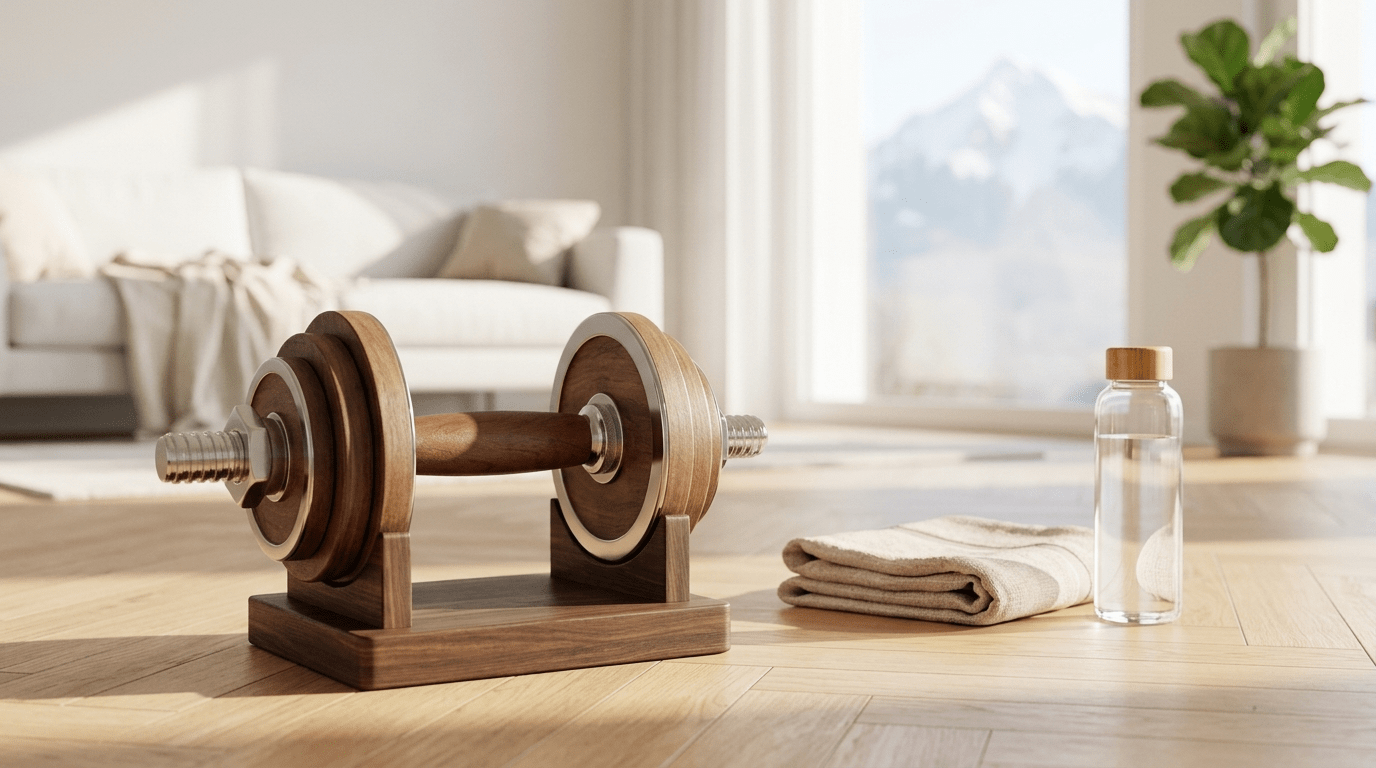 TWHEELS Hantel in Holzoptik auf Staender aus Walnussholz im hellen Wohnzimmer