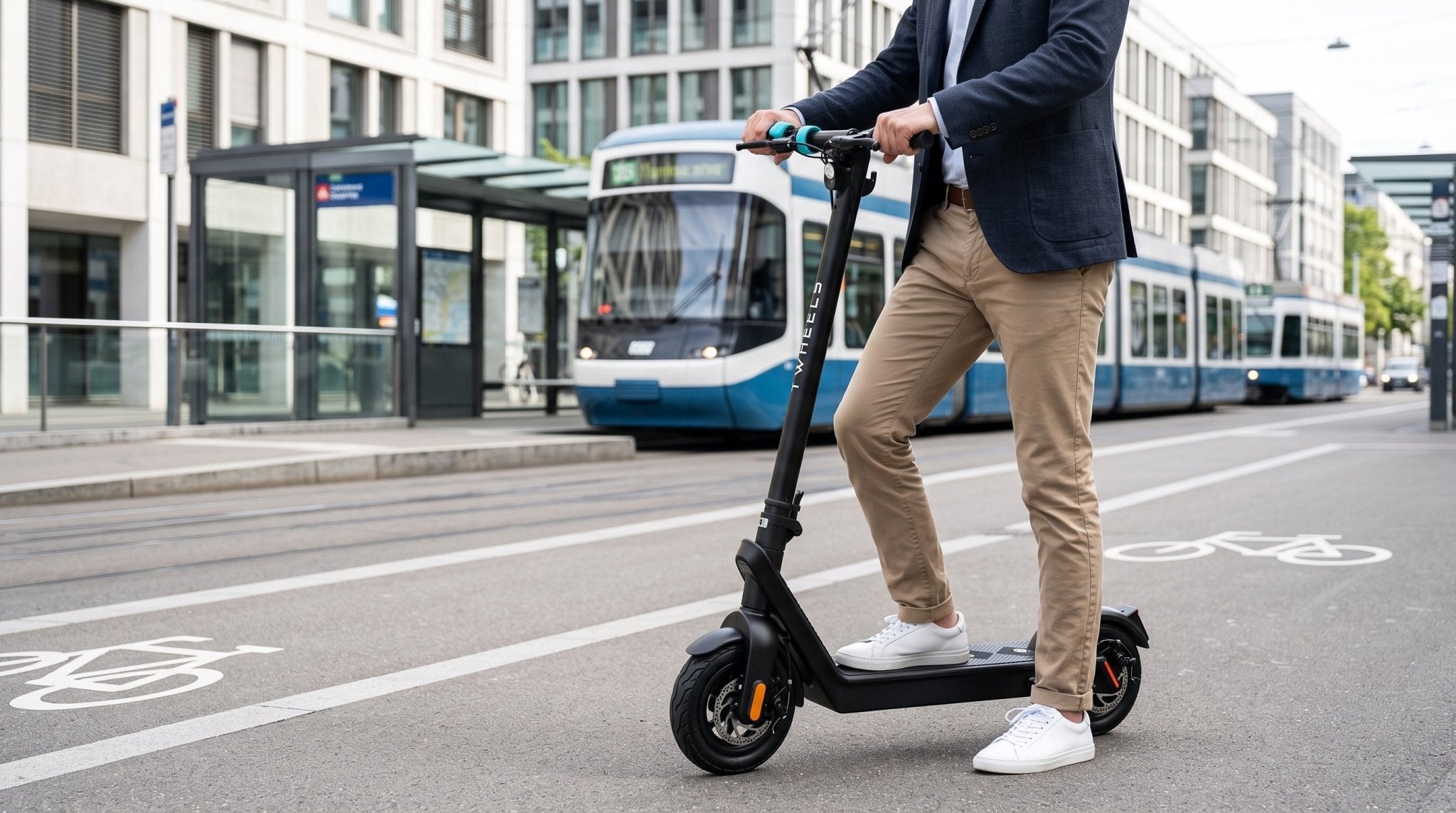 TWHEELS E-Scooter Pro im Pendelalltag auf einer Zürcher Stadtstrasse mit Tram