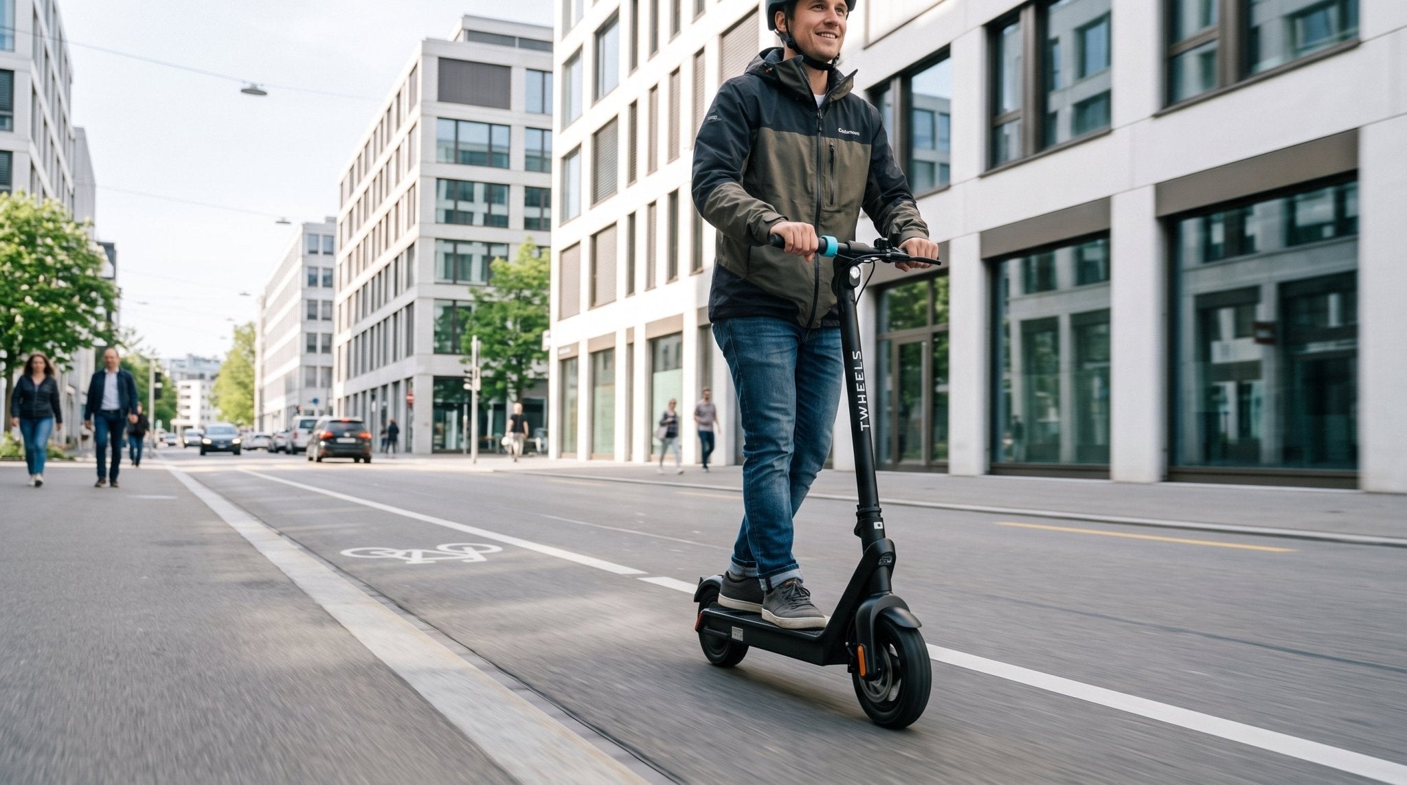 Person fährt den TWHEELS E-Scooter Pro durch eine moderne Schweizer Stadt