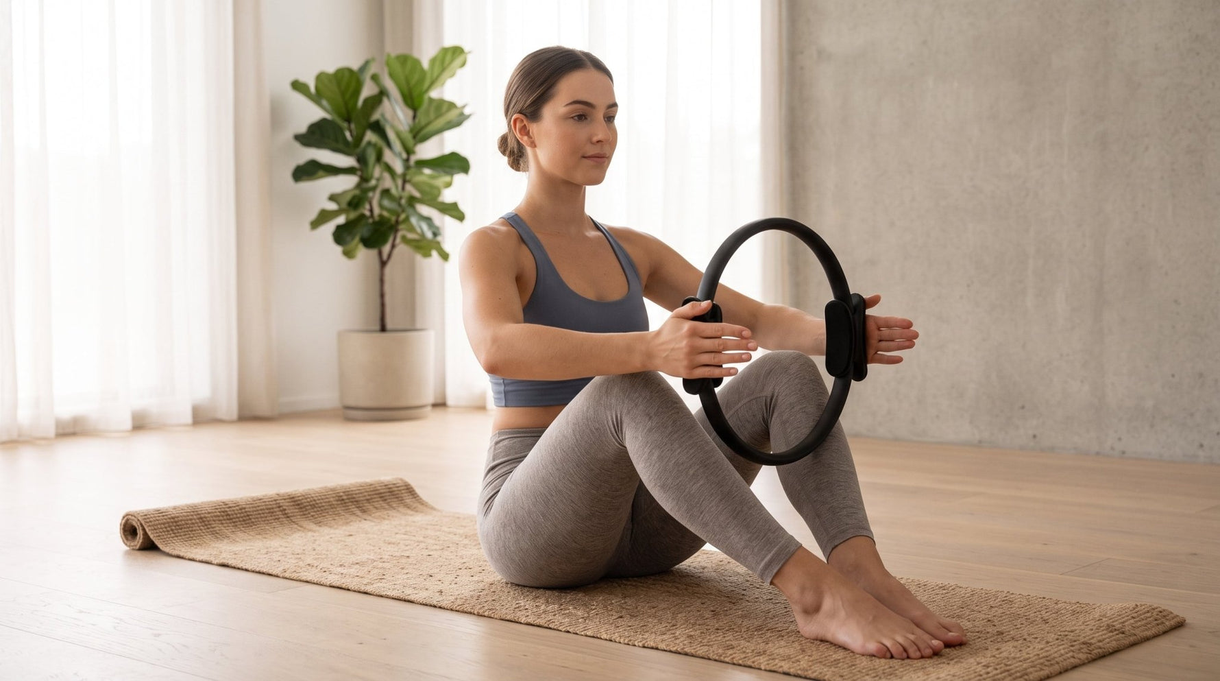 Frau trainiert mit dem Pilates-Ring aus dem TWHEELS Pilates Essential Set