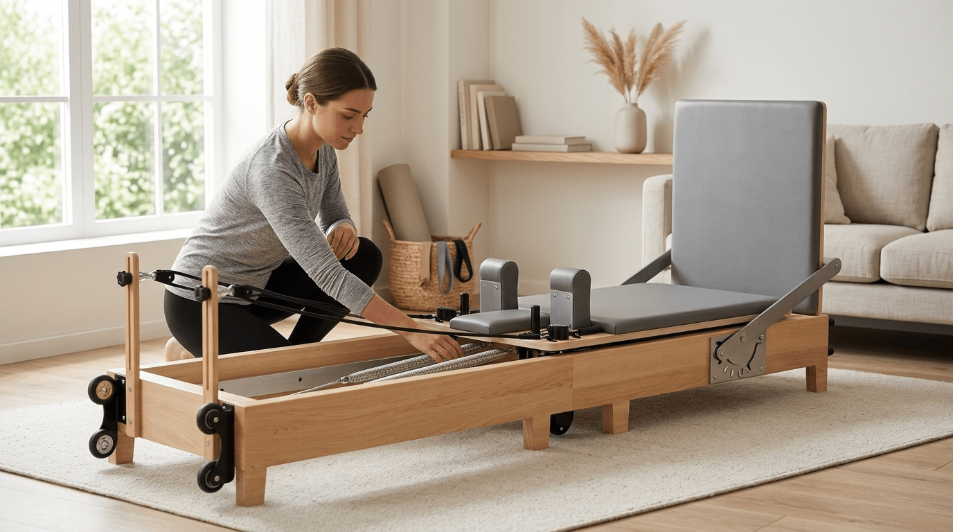 Frau prueft Federn und Schlitten des TWHEELS Pilates Reformer aus Ahornholz mit grauem Polster
