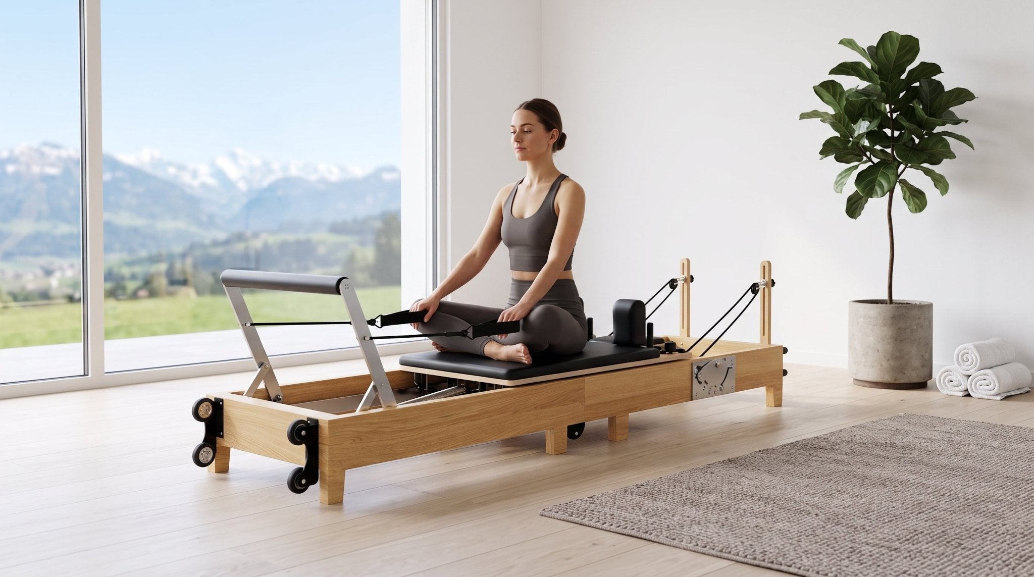 Frau trainiert auf dem TWHEELS Pilates Reformer aus Ahornholz in einem hellen Raum mit Alpenblick