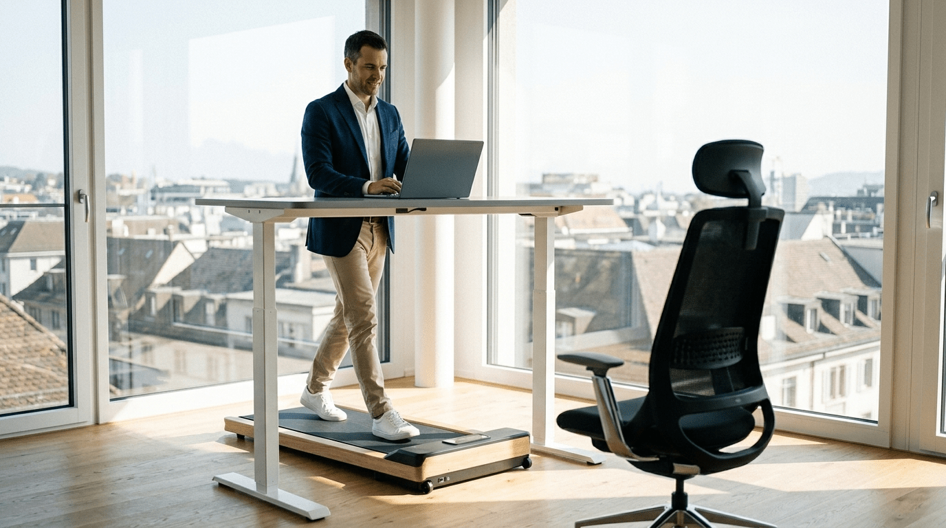Mann geht auf dem TWHEELS Walking Pad am Stehtisch statt zu sitzen, leerer Buerostuhl im Vordergrund