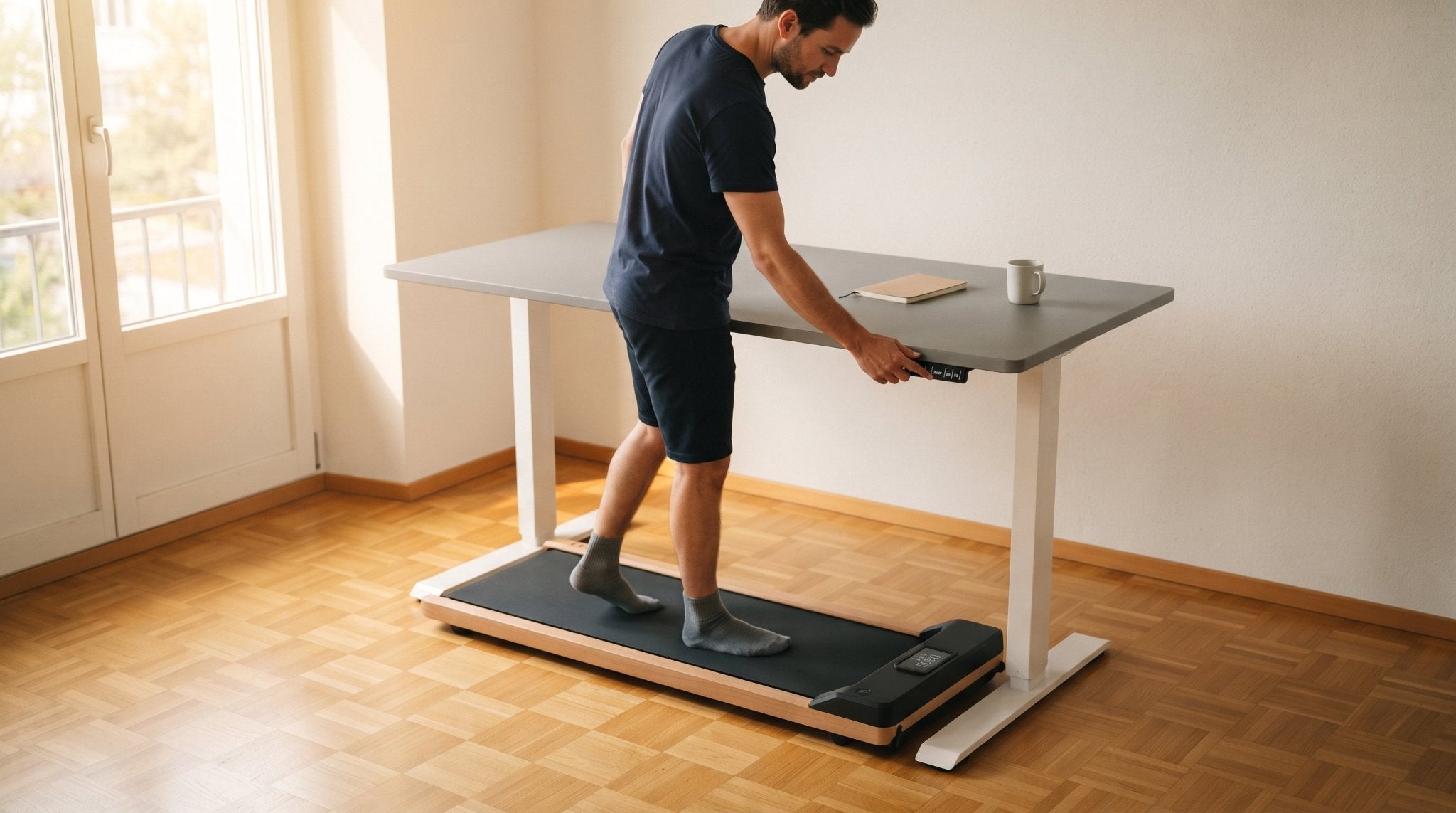 Mann stellt die Höhe des TWHEELS Stehtischs ein, während er auf dem Walking Pad steht