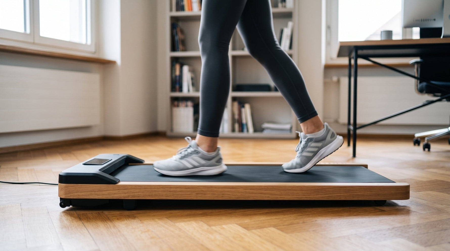 Beine einer Frau beim langsamen Gehen auf dem TWHEELS Walking Pad im Home-Office