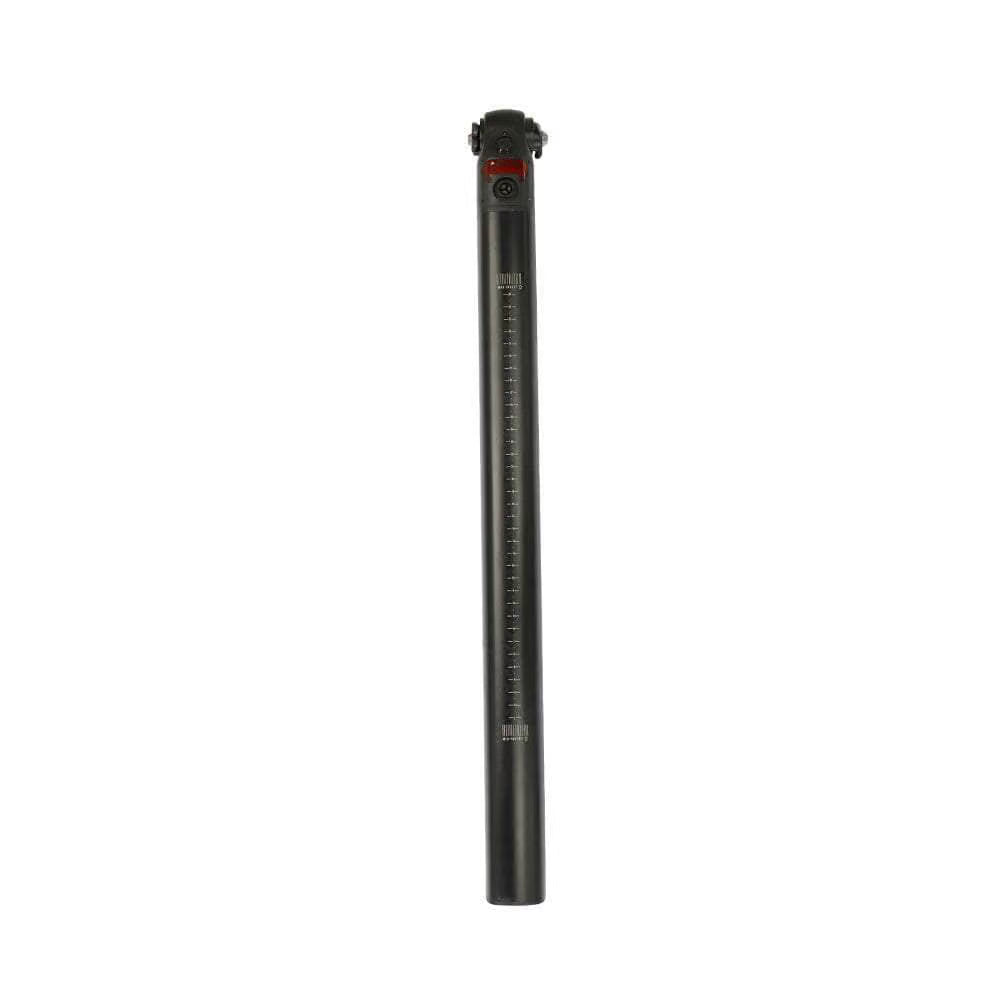 Schwarze E-Bike Sattelstütze mit rotem Akku-Pack-Anschluss und Skala.