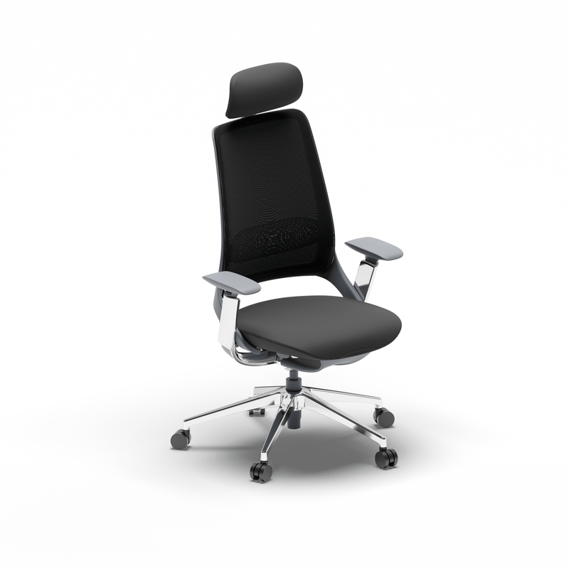 TWHEELS Bürostuhl ProActive mit schwarzem Air-Mesh-Rücken, Kopfstütze und 3D-Armlehnen.