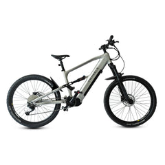 TWHEELS E-Mountain Bike in Silber mit Vollfederung und Bafang-Mittelmotor, Seitenansicht.