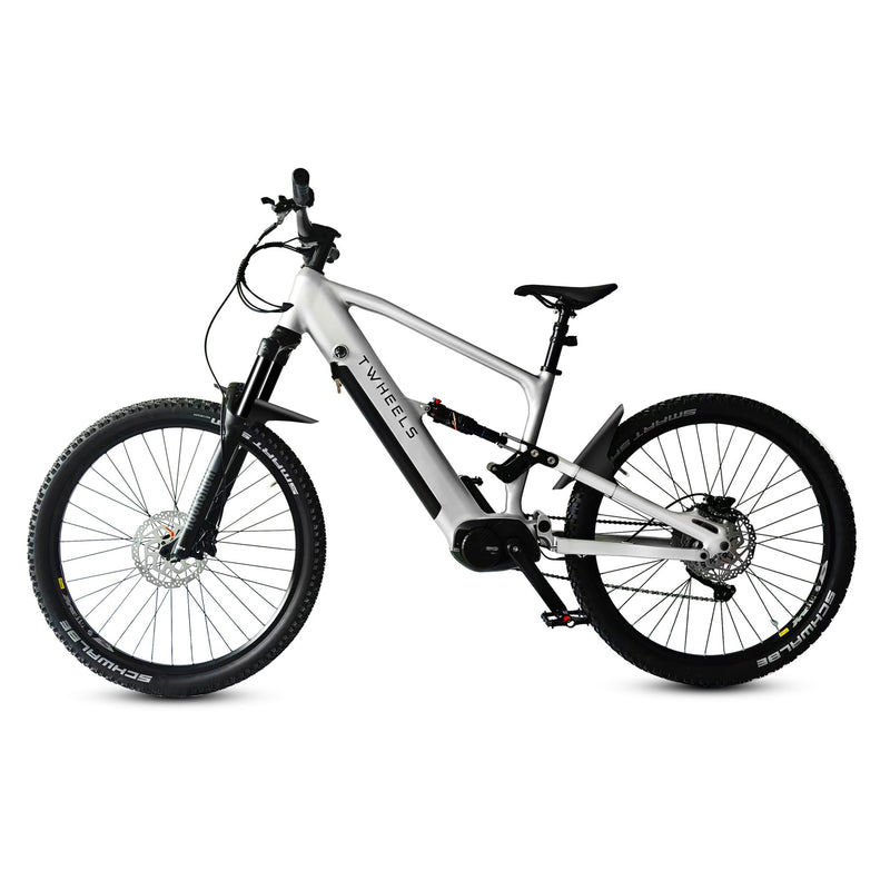 TWHEELS E-Mountainbike in Schwarz mit Vollfederung, Mittelmotor und dicken Stollenreifen.