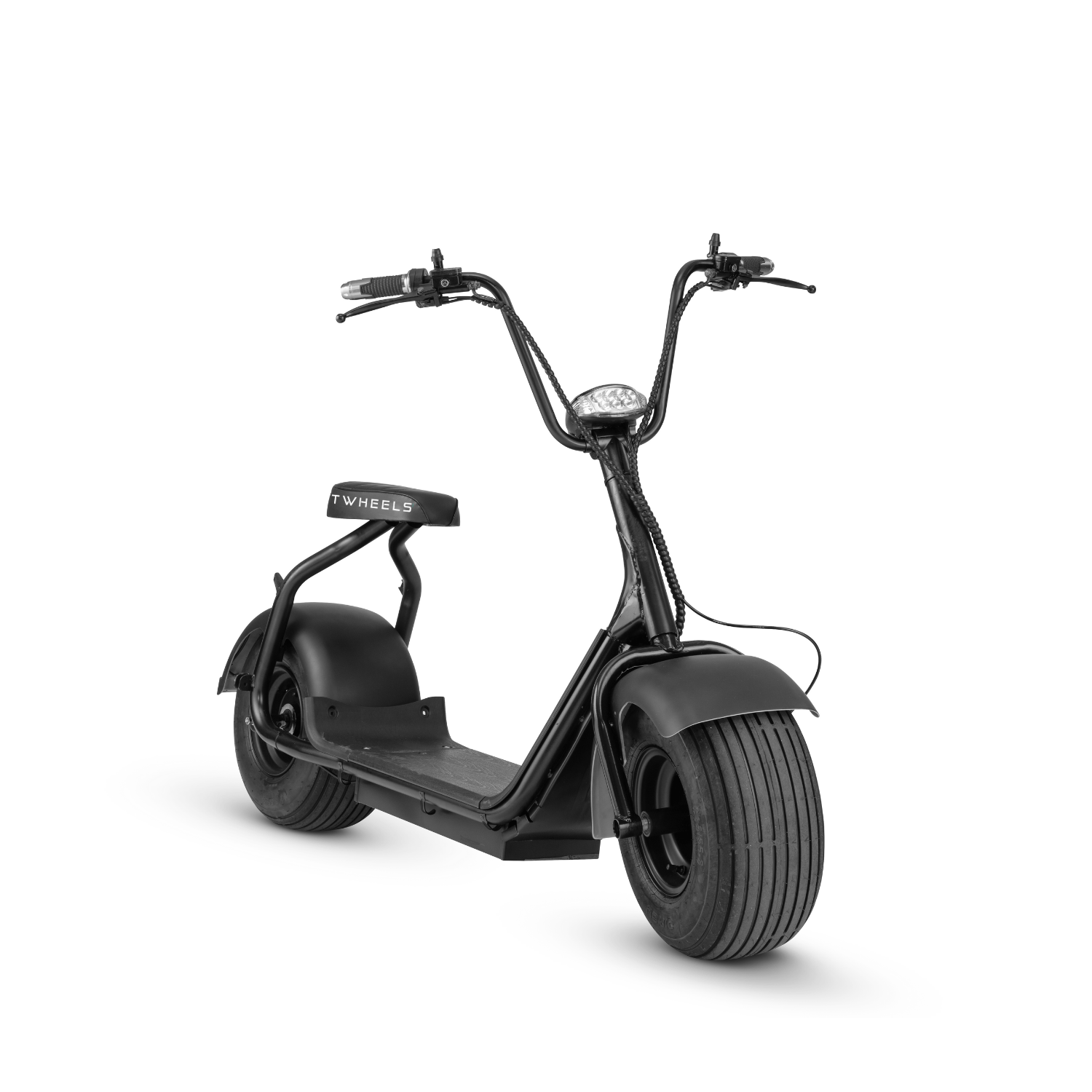 TWHEELS E-Roller in Matt-Schwarz mit Sitzbank, Spiegeln und LED-Scheinwerfer, Seitenansicht.