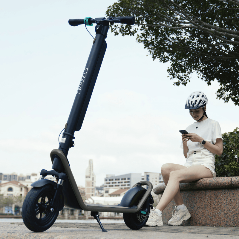 TWHEELS E-Scooter Lite in Schwarz, Hinterrad und Bremse, Detailansicht.