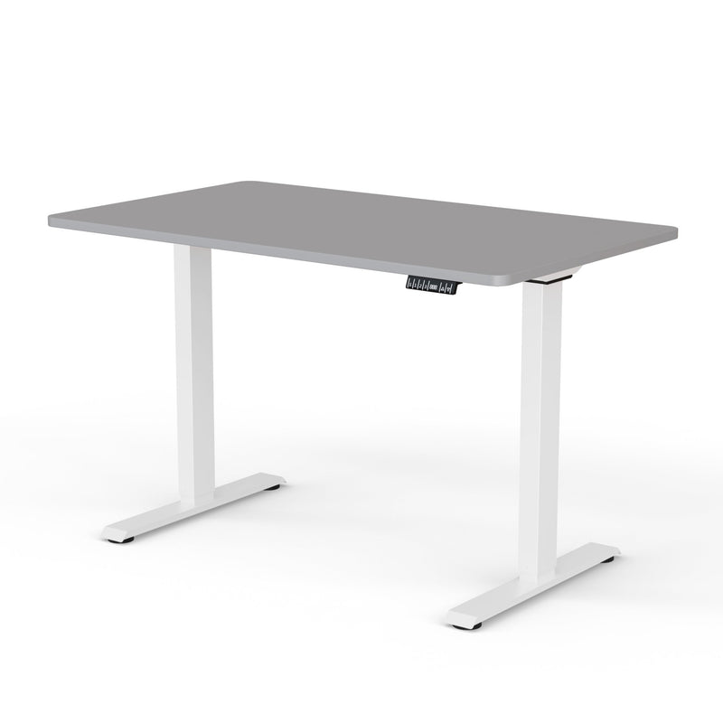 Elektrisch höhenverstellbarer TWHEELS Schreibtisch mit heller Tischplatte und schwarzem Gestell.