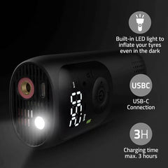 Schwarze, kompakte elektrische Pumpe mit digitalem Display, LED-Licht und USB-C-Anschluss.