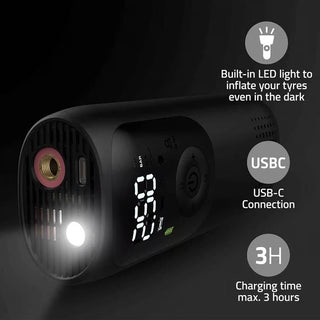 Schwarze, kompakte elektrische Pumpe mit digitalem Display, LED-Licht und USB-C-Anschluss.
