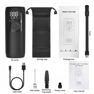 Schwarze, kompakte elektrische Luftpumpe mit Digitaldisplay, Ladekabel, Schlauch, Nadeln und Aufbewahrungsbeutel.