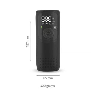 Schwarze, kompakte elektrische Pumpe mit Digitaldisplay, Tasten und Maßen (157x65mm, 420g).