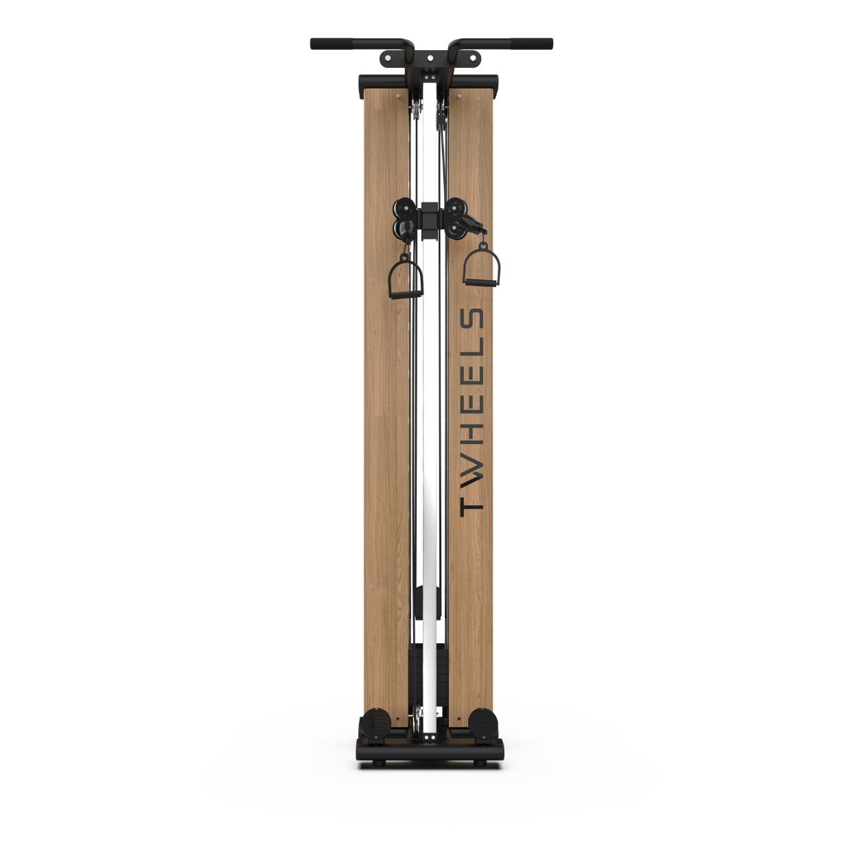 TWHEELS Fitness Seilzugturm aus Eichenholz mit zwei Seilzügen und schwarzen Gewichtsblöcken.
