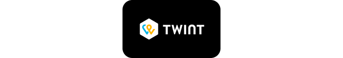 Schwarzes Twint App-Logo mit blau-gelbem Symbol und weißem Text.