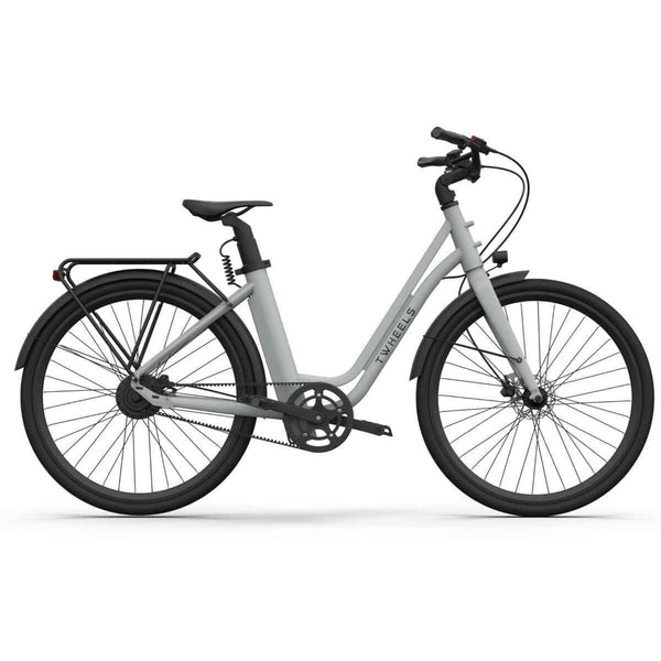 E-Bike City Classic in Hellgrau mit montiertem Gepäckträger, Seitenansicht