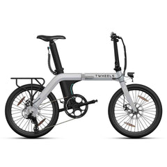 Silbernes E-Bike City Faltrad mit schwarzem Gepäckträger hinten.