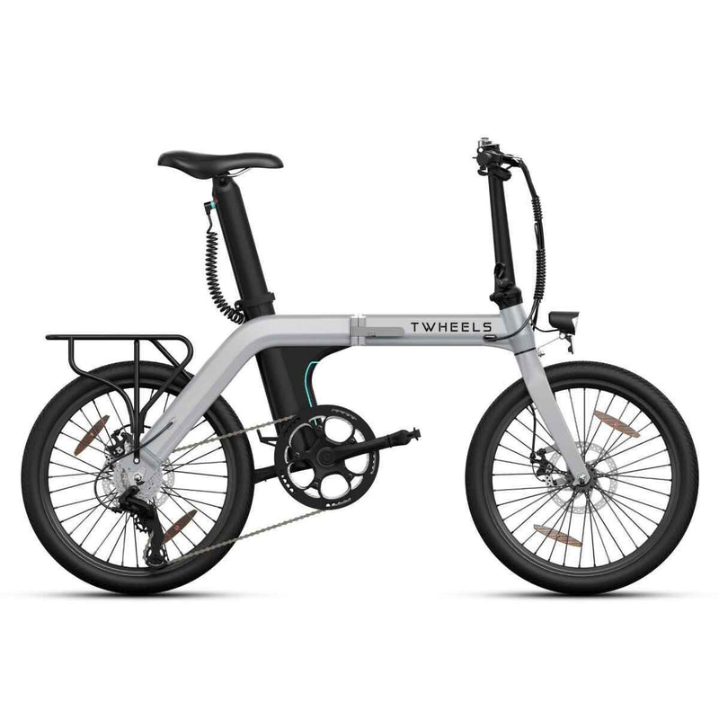 Silbernes E-Bike City Faltrad mit schwarzem Gepäckträger hinten.