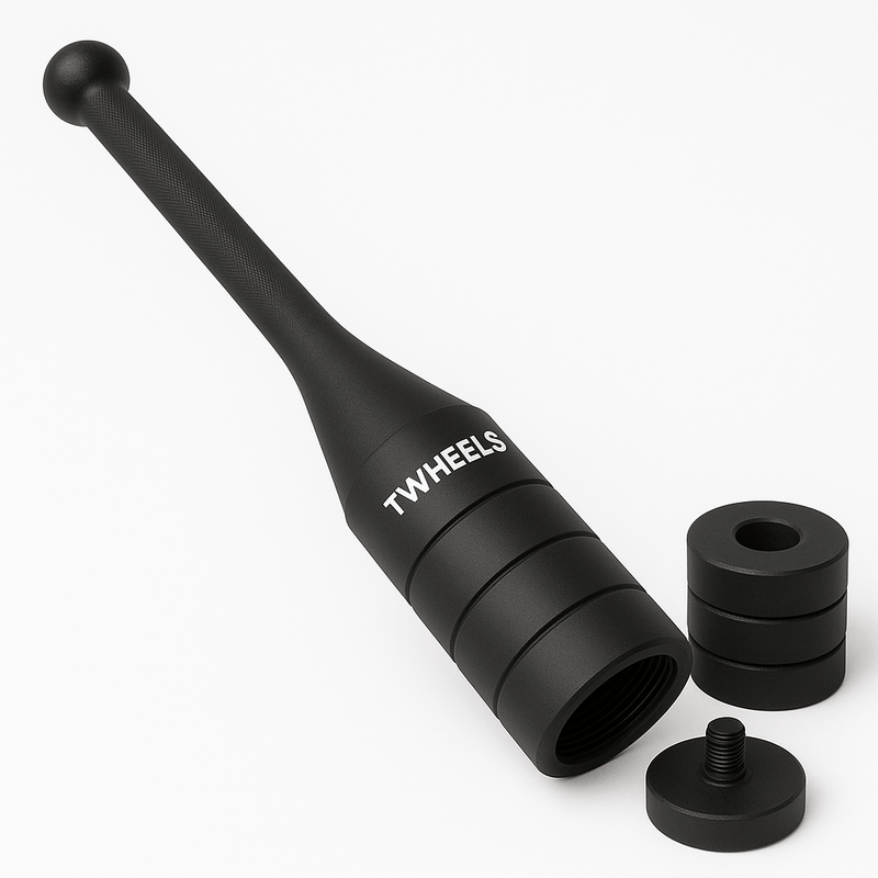 TWHEELS Mace Bell aus Stahl mit verstellbaren Gewichtsblöcken von 12 bis 16 kg.