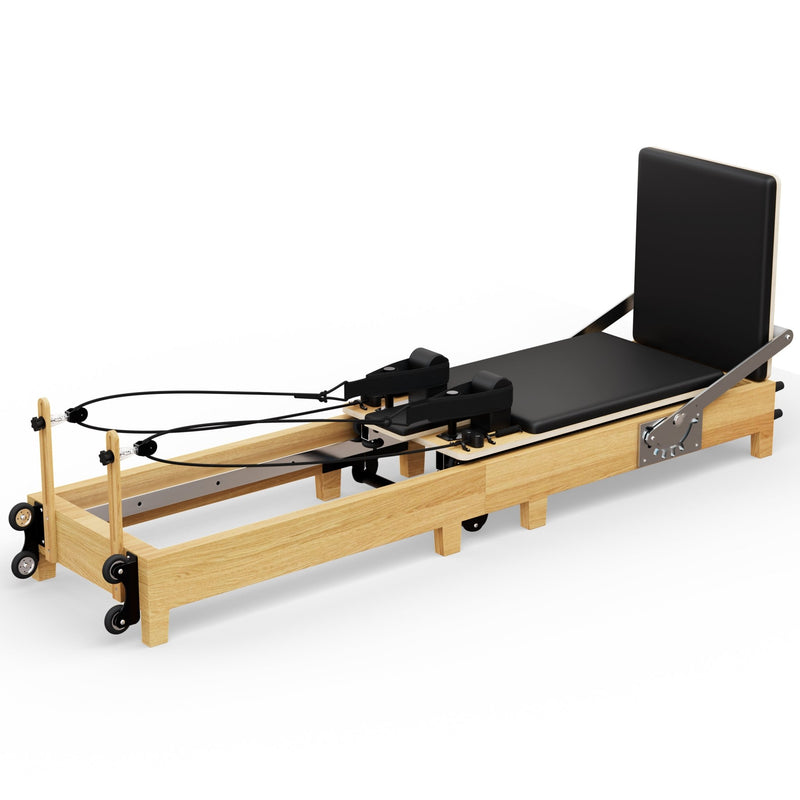 TWHEELS Pilates Reformer aus Ahornholz mit Schlitten, Schienensystem und Widerstandsfedern.