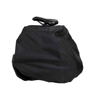 Schwarze, wasserabweisende Quick Bag Schutzhülle für ein zusammengeklapptes E-Bike Faltrad, mit Sattel oben sichtbar.