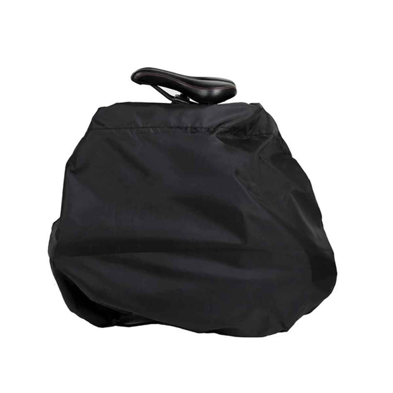Schwarze, wasserabweisende Quick Bag Schutzhülle für ein zusammengeklapptes E-Bike Faltrad, mit Sattel oben sichtbar.