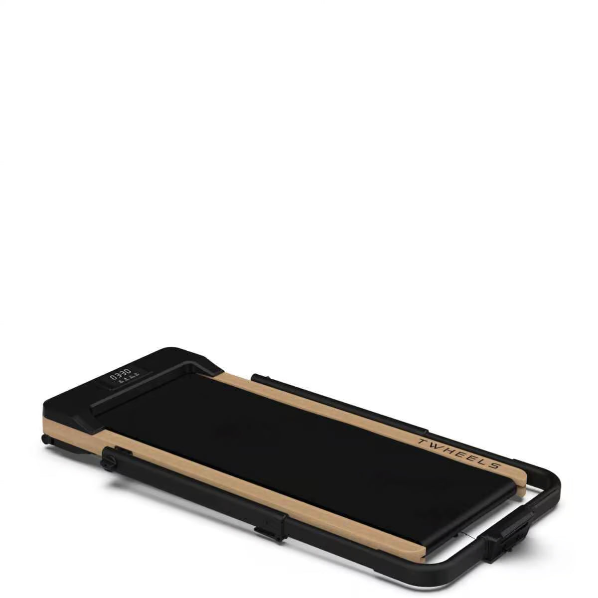 TWHEELS Walking Pad Laufband aus Eichenholz mit schwarzer Lauffläche und LCD-Display.
