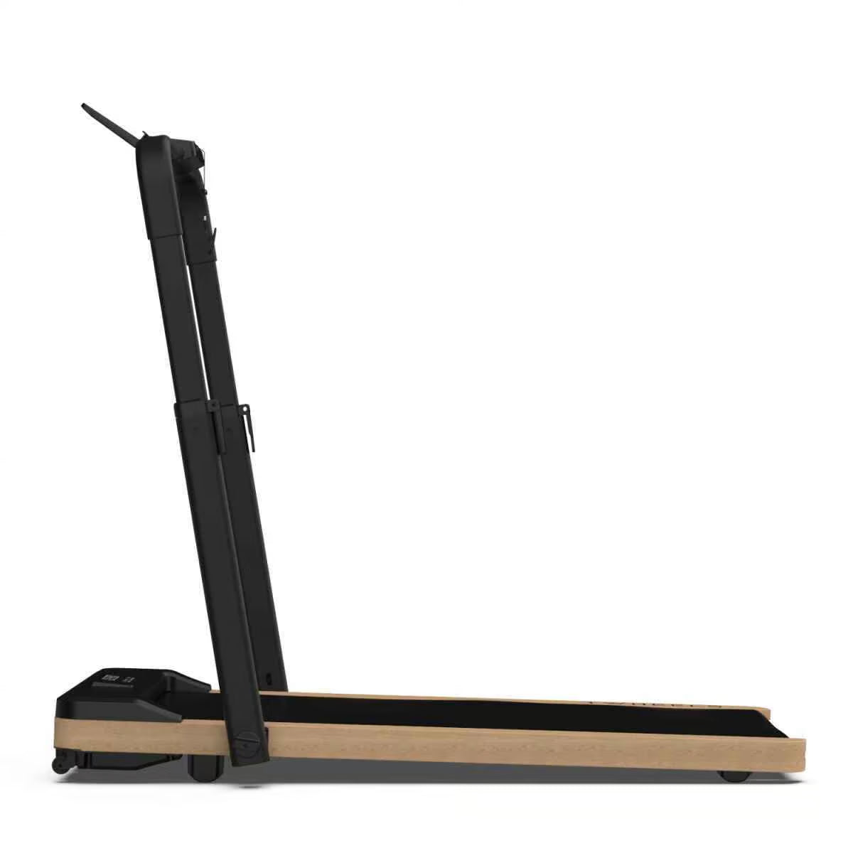 Modernes TWHEELS Walking Pad Laufband aus hellem Eichenholz mit schwarzem Rahmen, seitlich dargestellt.