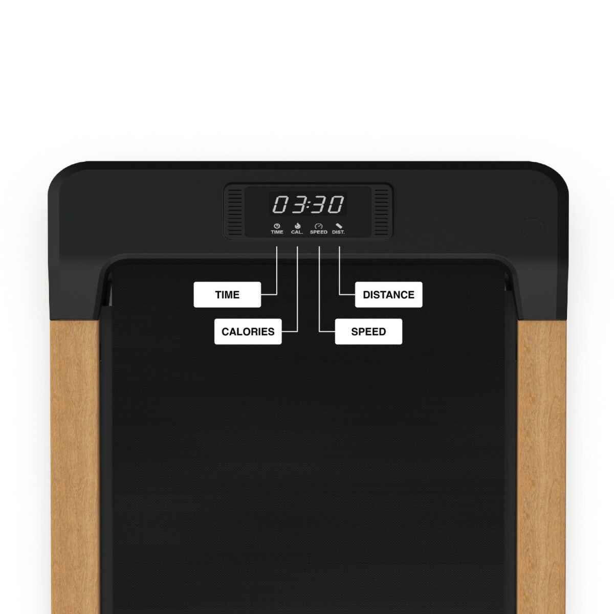 Elegantes TWHEELS Walking Pad Laufband aus Eichenholz mit schwarzer Lauffläche und digitalem Display.