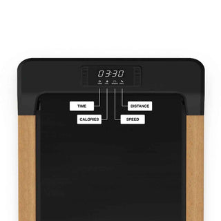 Elegantes TWHEELS Walking Pad Laufband aus Eichenholz mit schwarzer Lauffläche und digitalem Display.