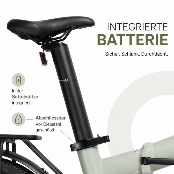 Herausnehmbarer Akku im Sattelrohr des TWHEELS E-Bike City Faltrad