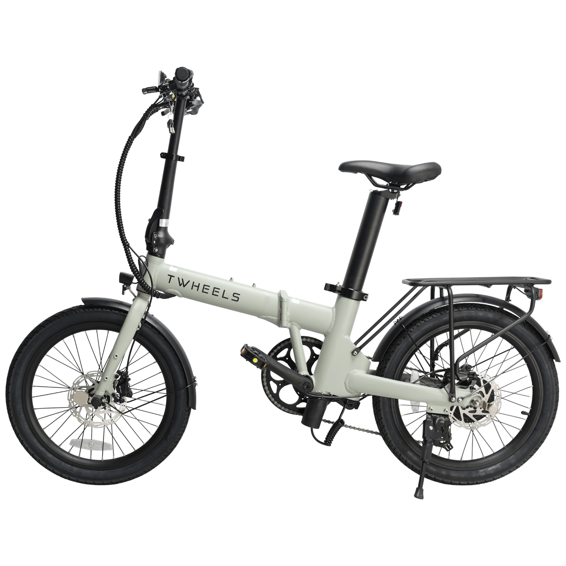 TWHEELS E-Bike City Faltrad zusammengeklappt, schwarzer Rahmen mit Akku im Sattelrohr.