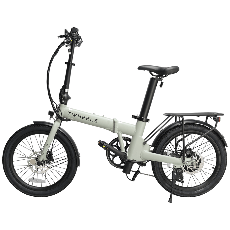 TWHEELS E-Bike City Faltrad zusammengeklappt, schwarzer Rahmen mit Akku im Sattelrohr.