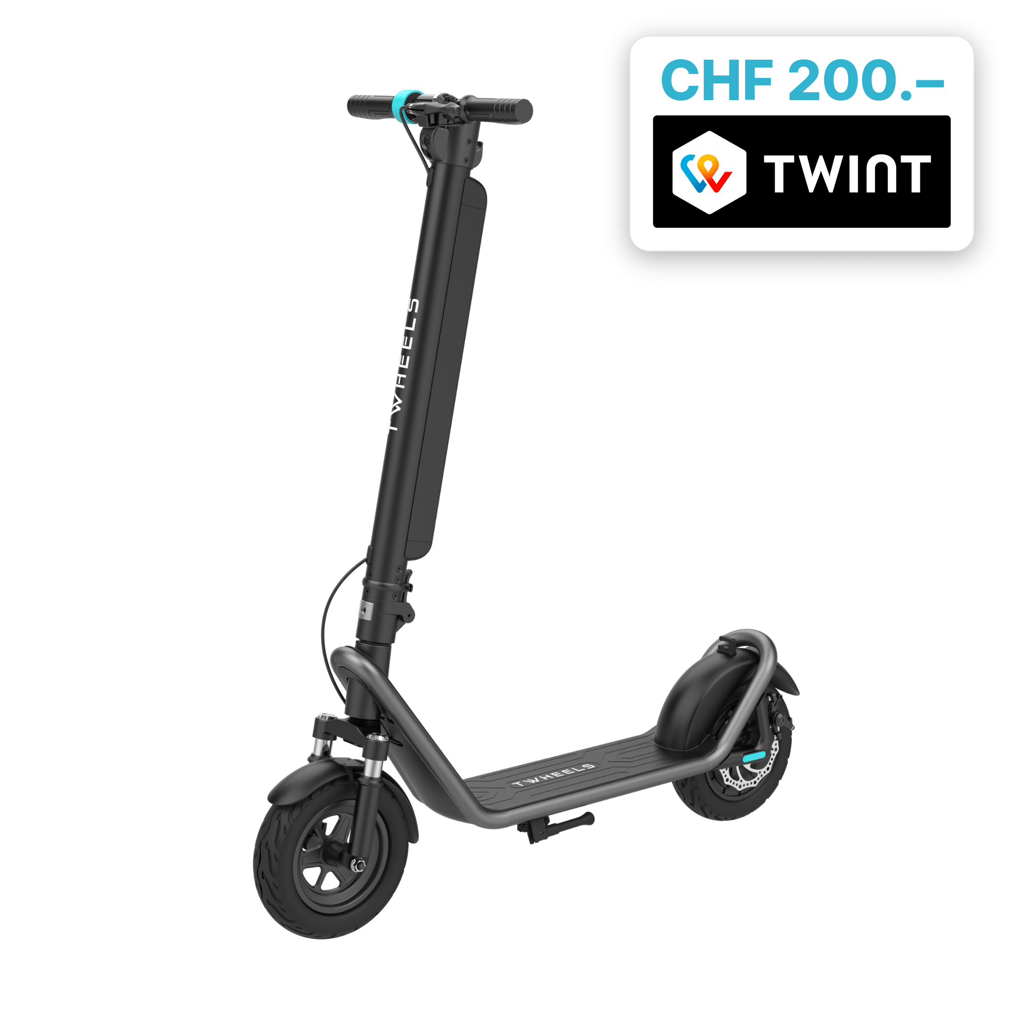 TWHEELS E-Scooter Lite in Schwarz, zusammenklappbar mit LED-Scheinwerfer und Trittbrett.