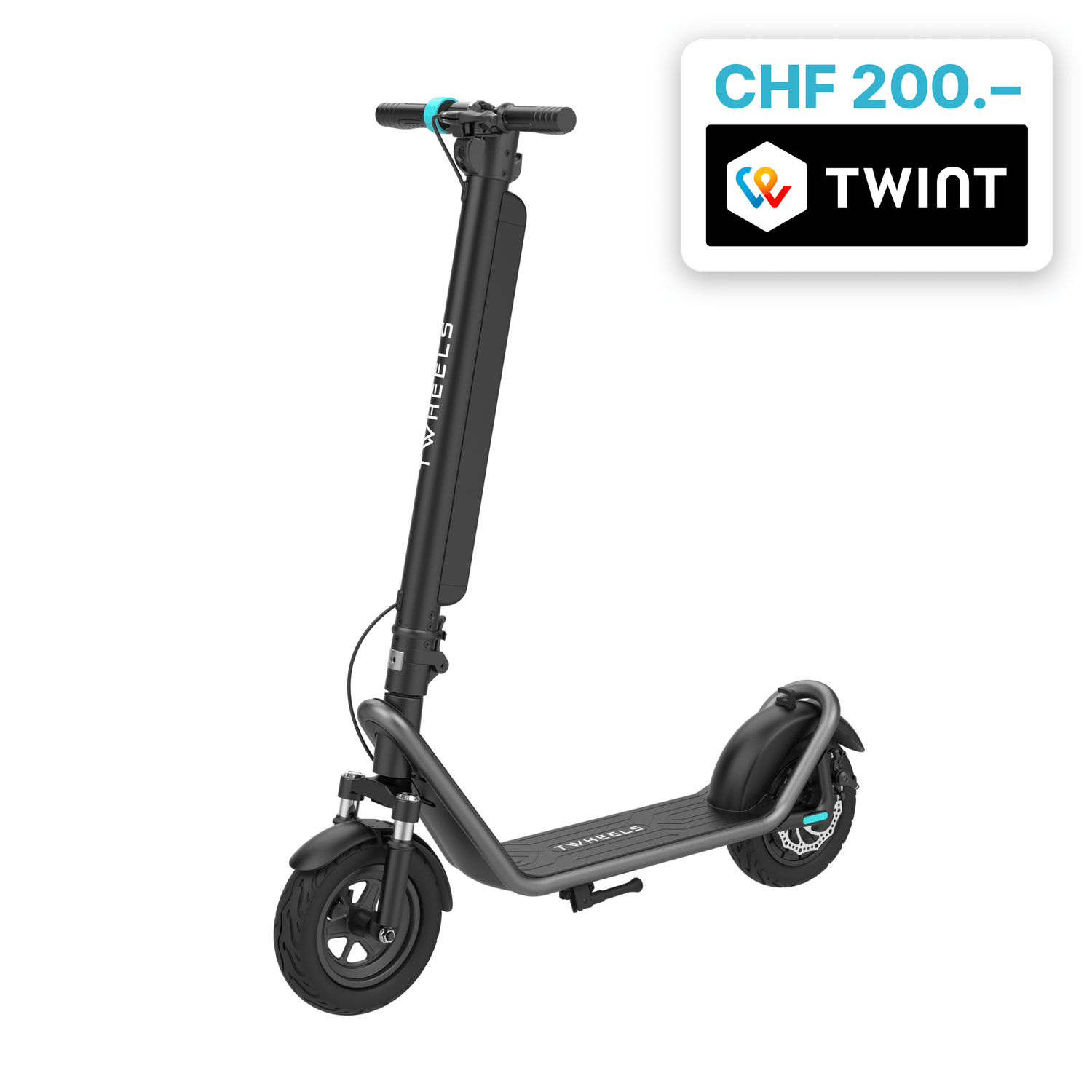 TWHEELS E-Scooter Lite in Schwarz, zusammenklappbar mit LED-Scheinwerfer und Trittbrett.